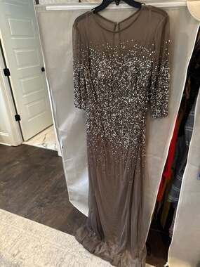 Adrianna Papell Beaded Illusion 3/4 Sleeve Mesh Gown in Lead Grey
